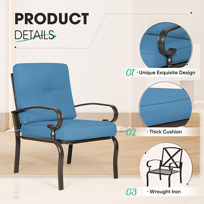 Incbruce 7 Pcs(6 Seats) Wrought Iron Patio Conversation Sets (1 Loveseat, 2 Table, 2 Spring Chair, 2 Dining Chairs), Outdoor Metal Furniture Sets with Peacock Blue Cushion