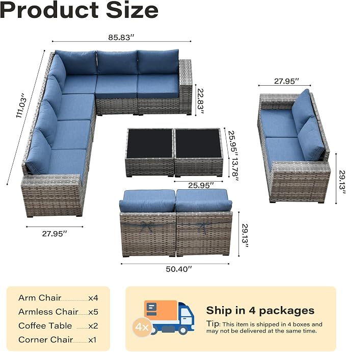 12 Pieces Patio Furniture Set, Wicker Outdoor Sectional Sofa with Coffee Table Comfy Cushions, Modern Modular Deep Seat Rattan Couch Conversation Set for Backyard Porch Yard,Denim Blue