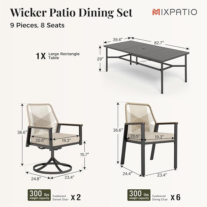 MIXPATIO 9 Pieces Outdoor Patio Dining Set, Rectangular Metal Patio Table with Umbrella Hole, 2 Swivel and 6 Fixed Chairs with 3.2" Cushion for Yard, Porch, Beige
