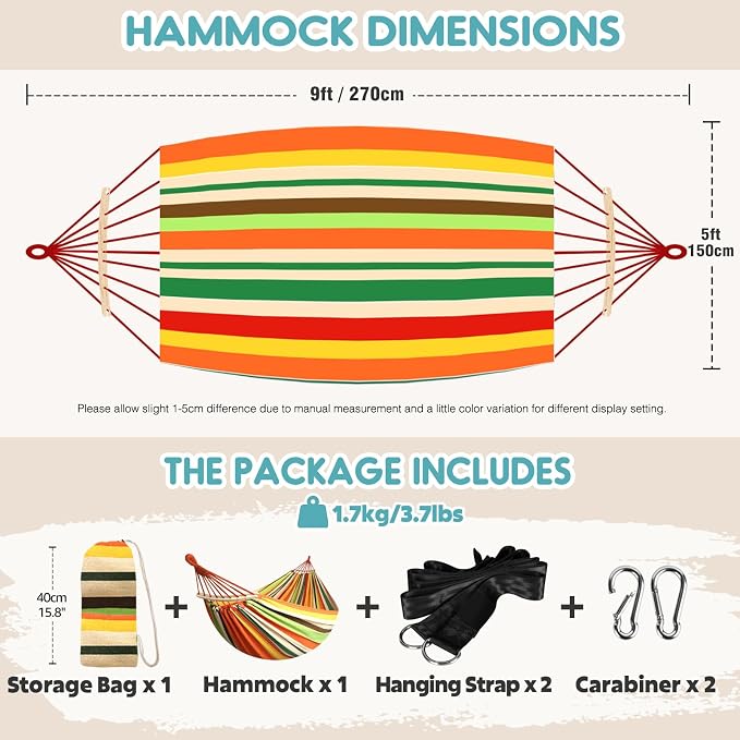 ANYOO Portable Camping Hammock Cotton Hammocks with Spreader Bar Outdoor | Sturdy Lightweight Hammocks Up to 450lbs with Carry Bag
