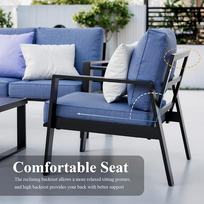 Aluminum Outdoor Patio Furniture Set, 5 Piece Sectional Coversation Sets with Coffee Table, Modern Outdoor Sofa Couch with Thick Cushions for Porch, Balcony, Garden, Blue