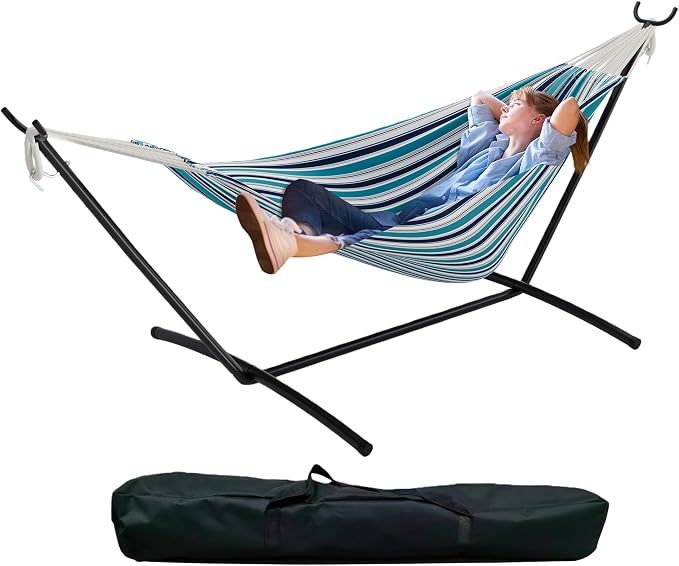 GarveeHome Double Hammock with Stand - Heavy Duty 450lbs Capacity, Portable Cotton Hammock for Two Adults, Indoor & Outdoor Use with Travel Bag, Ocean Stripe Pattern