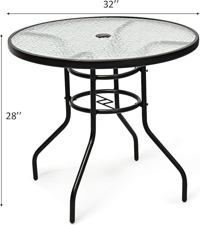 DREAMADE 32 Inch Patio Table, Outdoor Dining Furniture w/ 1.65” Umbrella Hole, Sturdy Metal Frame with Tempered Glass Top, Small Accent Bistro Coffee Table for Deck, Balcony, Garden, Pool, Backyard