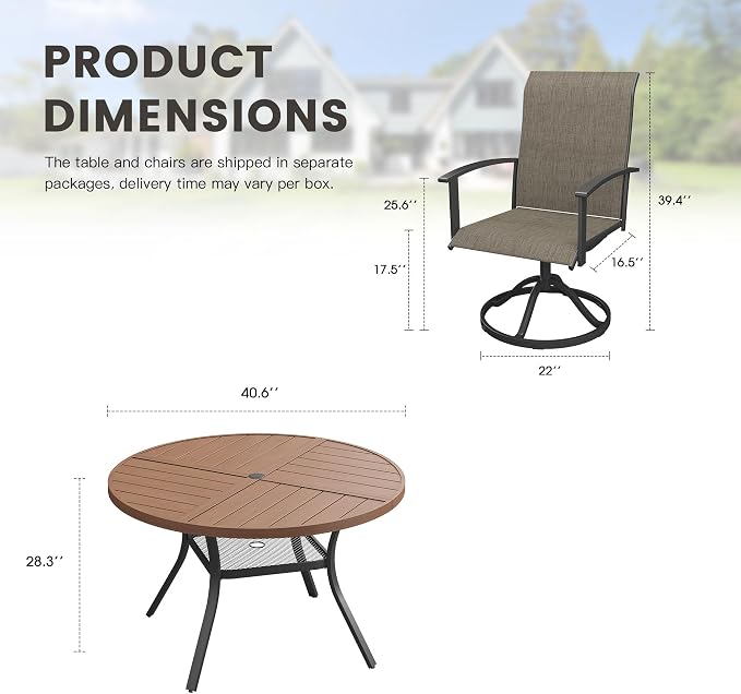 5 Pieces Round Outdoor Table and Chairs Set, Patio Dining Set with 40.6" Round Spliced Outdoor Table and Patio Swivel Chairs for Backyard Lawn Garden, Walnut Table and Mixed Brown Chairs