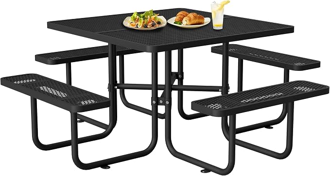 Square Outdoor Metal Coffee Picnic Table for Patio, Backyard, Garden and DIY (Includes 4 Built-in Benches) - Black