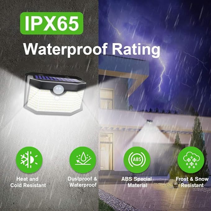 HMCITY Outdoor Solar Lights 120 LED with Motion Sensor and 3 Lighting Modes, IP65 Waterproof, 130 ° Wide Solar Wall Lights Powered for Garden Patio(Front Button 10Packs, Black Shell-Daylight White)