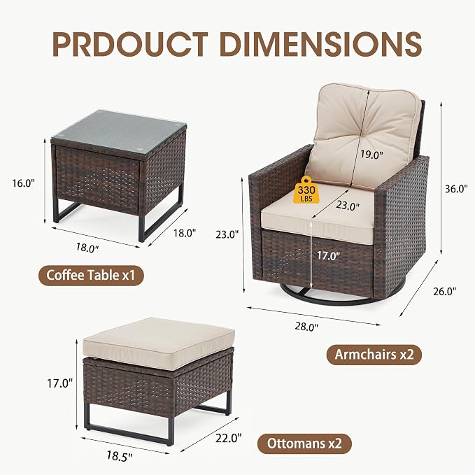 AVAWING 5 Pieces Patio Furniture Set, Wicker Swivel Glider Chairs with 2 Ottomans and 1 Side Table, Patio Chairs with Waterproof Blue Cushions for Garden, Backyard and Porch,