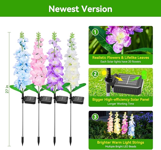 KOOPER Solar Delphinium Flower Lights Outdoor, 10 Pack, 90 LEDs, Waterproof | Vivid Solar Flowers Outdoor Waterproof for Landscape, Patio, Lawn, Flower Bed, and Yard Decor, Garden Gifts for Women, Mom