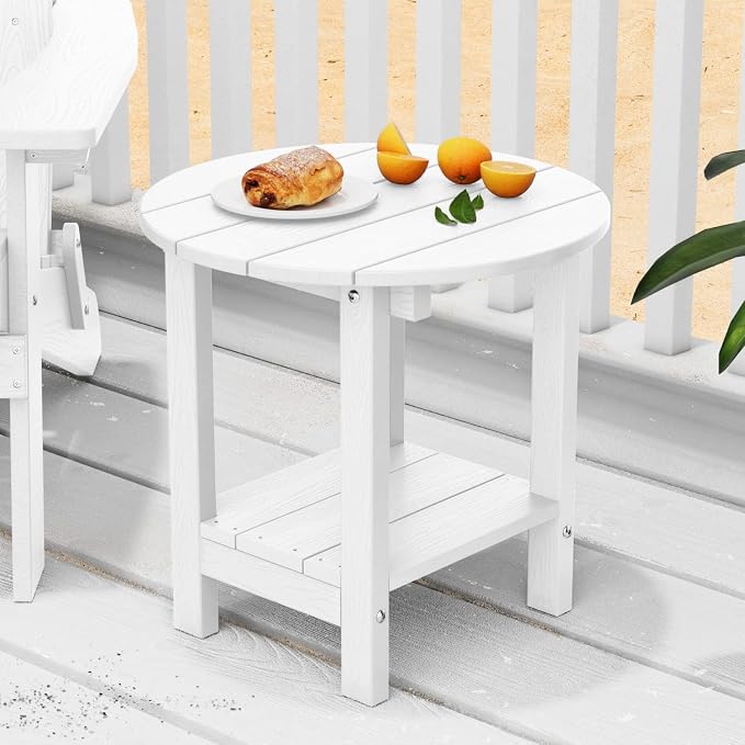 MXIMU Round Outdoor Side Table Adirondack Tables 18 Inch Chairside End Tables with Storage Shelf, 2-Tier Plastic Patio Side Table, Weather Resistant for Balcony Backyard Lawn (White, 2 Pack)