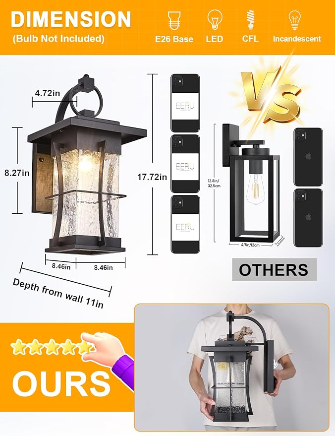 18" H Extra Large Outdoor Wall Sconce Black Large Exterior Wall Lantern Outside House Lamps Waterproof Mission Light Fixtures with Clear Seeded Glass, Perfect for Villa Porch Garage Coach Light