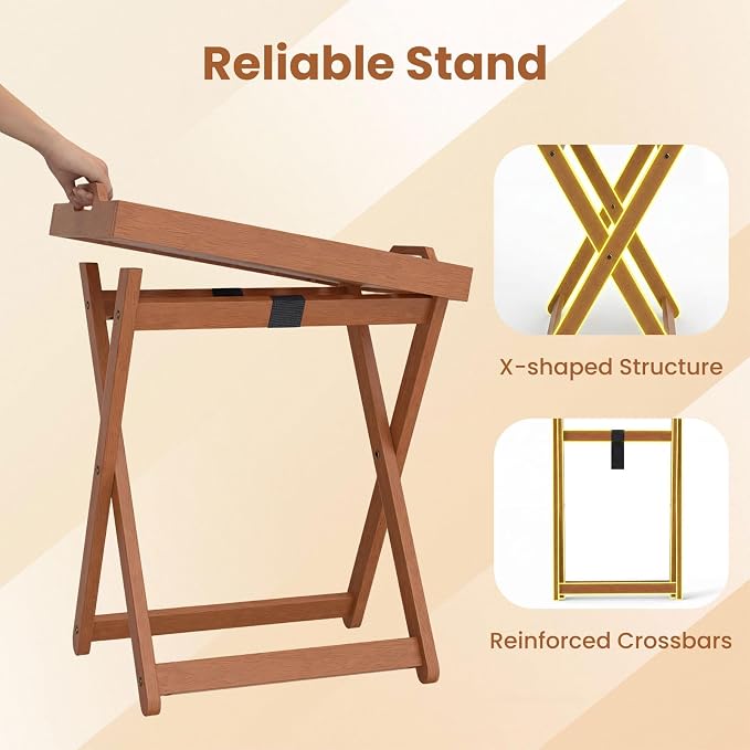 HAPPYGRILL Outdoor Wood Tray Table Folding Side Table with Removable Serving Tray, Portable Patio End Table for Porch, Garden, Backyard, Poolside (2)