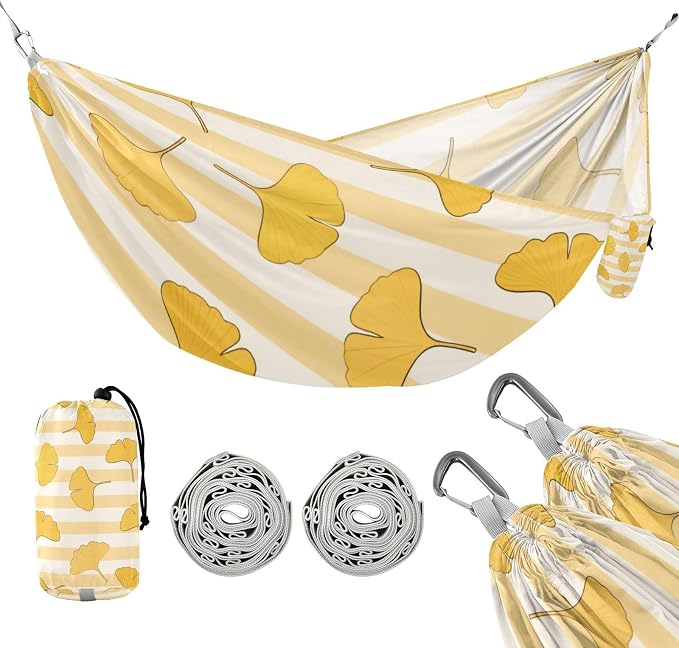 Yellow White Striped Ginkgo Biloba Leaf 330lb Capacity Outdoor Hammock with Hanging Rope Indoor Hammock for Camping & Hiking Essential capas para la Lluvia