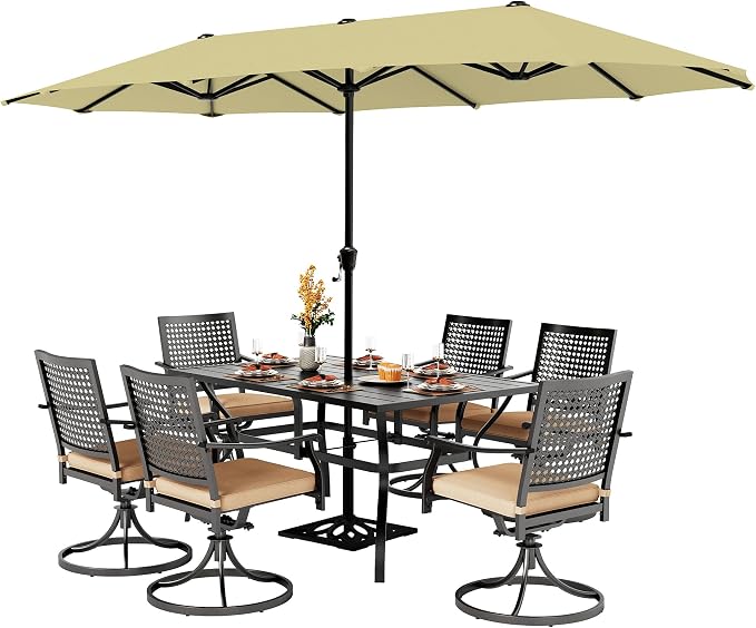 PHI VILLA Outdoor Table Chairs Set for 6, Patio Metal Furniture w/Umbrella | 60" wrought iron rectangle table & swivel chairs w/ cushions. 13ft beige umbrella. 7 pcs furniture set for deck, porch