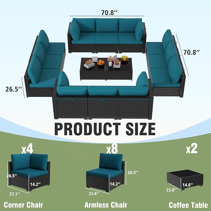 KIGOTY Patio Furniture Set,14 Pieces Modular Outdoor Sectional Sofa, PE Rattan Patio Conversation Set, All Weather Wicker Patio Furniture with Cushions and Coffee Table（Black/Blue）