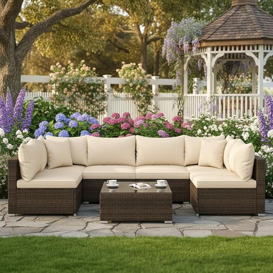 Tangkula 7 Pieces Wicker Patio Furniture Set, All-Weather Outdoor Rattan Sectional Sofa Set with Cushions & Tempered Glass Coffee Table, Outside Sofa Set for Garden, Lawn, Deck, Backyard