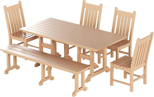 WO Home Furniture Adirondack Patio Dining Chair Table Bench Set of 6 PCS Rectangle Dinner Table Dining Armless Chairs (Teak)