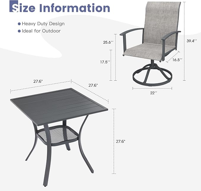 VICLLAX Outdoor Table and Chairs Set for 2, Small Patio Dining Set with 27.5" Metal Square Patio Table & 2 Swivel Outdoor Dining Chairs for Backyard Lawn Porch Garden, Grey & Dark Grey