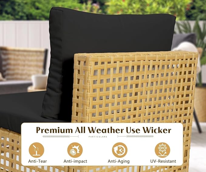 8-Piece Outdoor Wicker Patio Furniture Set with Sectional Rattan Sofa and Coffee Table Thick Cushions for Backyard Lounge(Black)