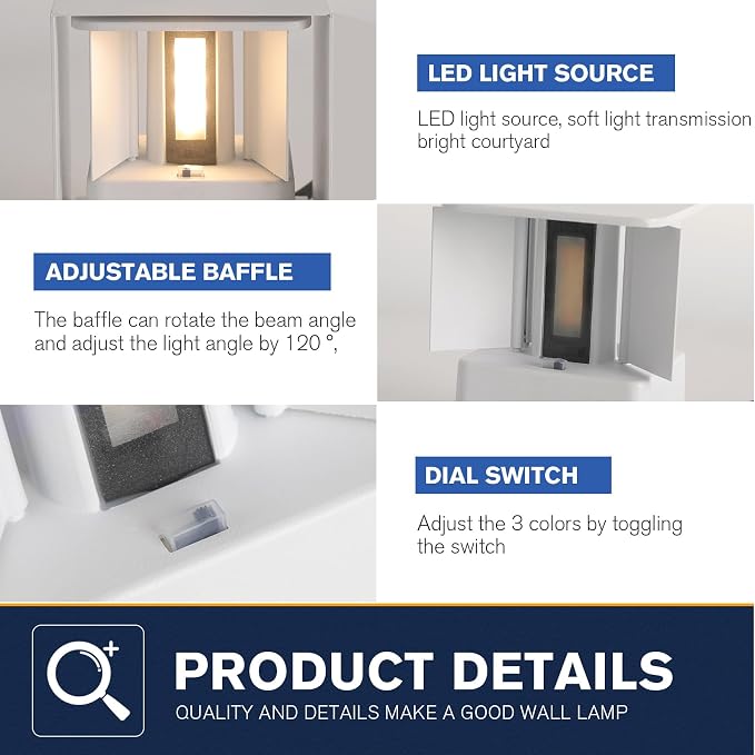 LED 15W Outdoor Sconce Lights Exterior/Interior 3 Colors Adjustable Wall Light Fixture IP65 Waterproof Porch Exterior Wall Sconce Modern Outdoor Lighting Square Aluminum White Up and Down Lights