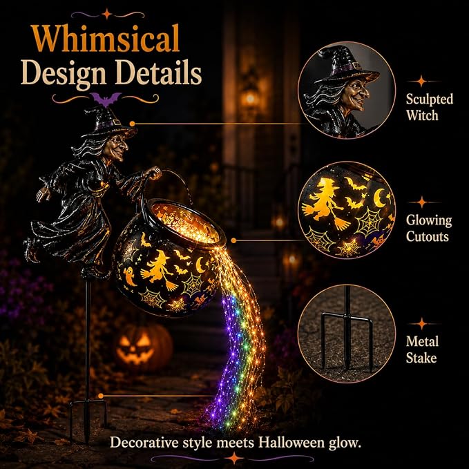 Halloween Witch Cauldron Garden Light,Colorful Flowing Waterfall LED Stake with Flying Witch Projector for Outdoor Yard Lawn Patio Pathway Decor