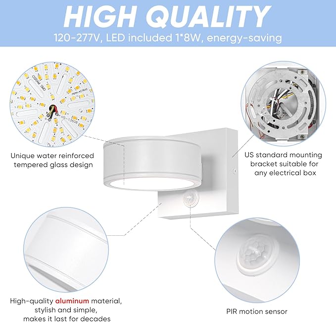 Motion Sensor Outdoor Lights with 3000K/4000K/5000K Adjustable, Aluminum White LED Outdoor Wall Sconce, Modern Outside Exterior Lighting Fixtures for Porch,House, Doorway, Garage,Front