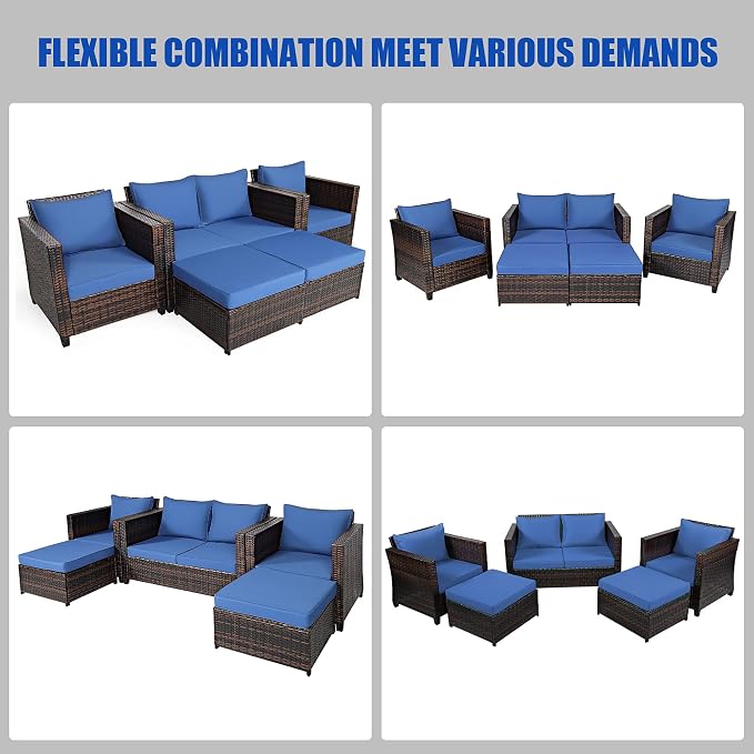 DORTALA 5-Piece Outdoor Patio Conversation Set, Loveseat and 2 Ottoman, Outdoor Sectional Rattan Sofa Set, Multifunctional Rattan Furniture Set Suitable for Home Backyard Garden Poolside Balcony, Navy