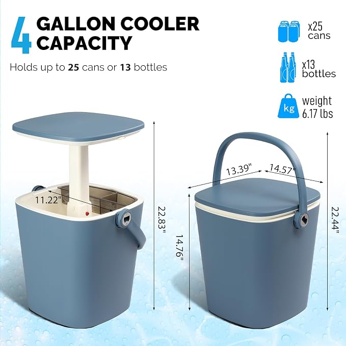 VINGLI Outdoor Cooler Table, 4 Gallon Portable Patio Cooler Side Table with Handle, Bottle Opener and Lift Top Lid, All-Weather Resistant for Camping, Picnic, Beach, Pool, Party