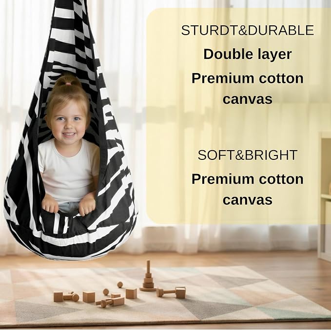 Calming Sensory Swing — Indoor Sensory Hammock for Kids & Adults, Supports up to 170 lb (77 kg), Double-Layer Canvas Fabric, Hanging Hardware Included, Black-White