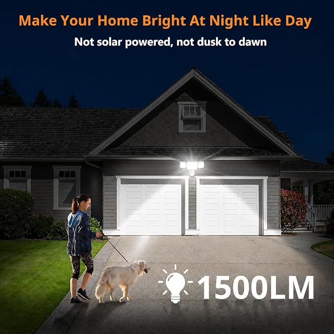 LEPOWER 1500LM Battery Powered Outdoor LED Flood Light with Motion Sensor | IP65 Waterproof, Wireless Battery Operated Security Lights, 3 Head Motion Detector Light for Garage,Yard,Porch,Driveway-White