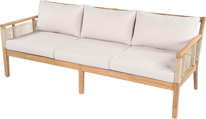 KLMM 5-Piece Patio Acacia Wood Sofa Set,Outdoor Hand Woven Rope Conversation Set with 3 Seater Sofa,2 Chairs and 2 Coffee Tables,for Garden Backyard Poolside (Teak+ Beige-pa)