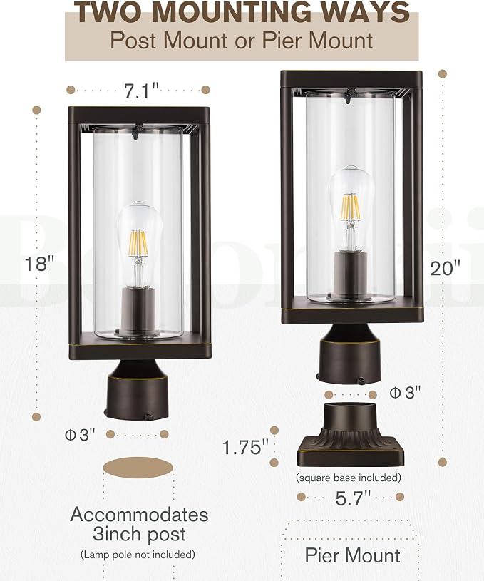Beionxii Outdoor Post Lights, 20in Post Lantern with Pier Mount Base, Aluminum Street Lights with Glass, Fence Post Deck Lighting for Garden, Patio, Pathway, BXA291-P-2PK-O (NOT Solar, 110-120V AC)