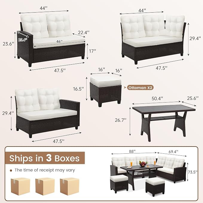 KROFEM 6 Piece Patio Furniture Set, Dining and Conversation Set, Beige | UV Treated Wicker, Machine Washable Cushions, Seats 7, 2 Ottomans, 3 Sofa Section, Dining Table, Rustproof Frame