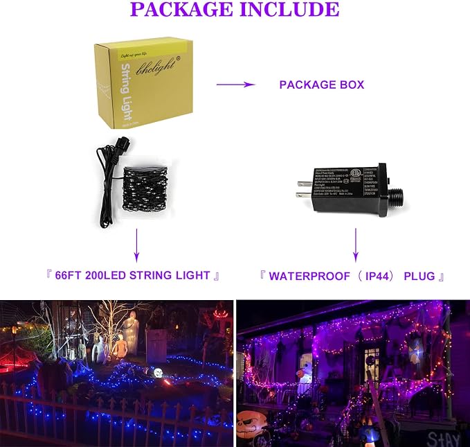 66FT 200 LED Fairy Lights Plug in, 8 Modes Twinkle Halloween Lights Purple | Waterproof String Lights Outdoor Indoor, Memory, Timer, Copper Wire, Halloween Lights for Bedroom Garden Party Holiday Decor