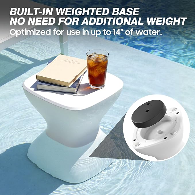 Multi-Scene Outdoor Side Table - 18" Polyethylene Pool Side Table, Pre-Weighted & Adjustable Feet for Stability in Pool, on Patio or Deck -All-Weather Pool Furniture, White