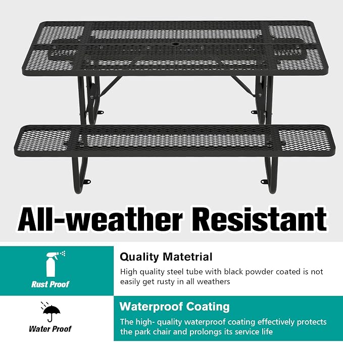 Picnic Tables for Outdoors with Umbrella Hole-Coated Steel Heavy Duty Commercial Grade Table with Seats,Commercial Metal Picnic Tables,Heavy Rectangular Furniture Set for a Lifetime (Black)