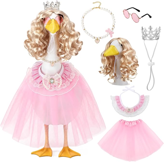 6 Pcs Princess Porch Goose Outfit for 23" | Includes Crown Wig Sunglasses Necklace Bib Tutu Skirt Princess Goose Clothes for Outdoor Garden Lawn Art Decor