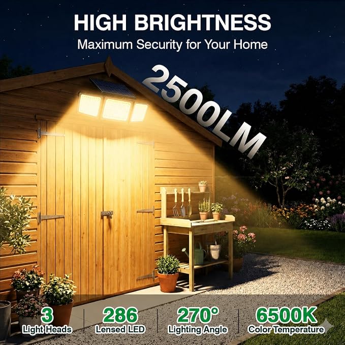 Solar Outdoor Lights Motion Sensor, 2500LM 286 LED Security Flood Lights with Visual Battery & Mode Display, 3 Lighting Modes, IP65 Waterproof 3-Head Wide Angle for Garage, Yard, Patio (6P Warm White)