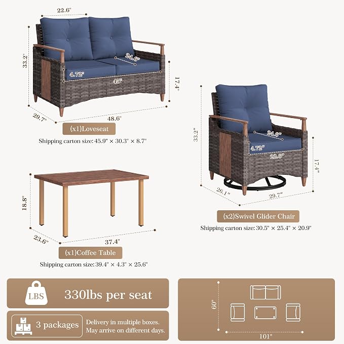NestNook 4 Pieces Patio Furniture Set, Outdoor All-Weather Handwoven PE Wicker Swivel Chairs, Conversation Set with Coffee Table, Loveseat & Thick Cushion for Backyard, Deck & Poolside, Blue