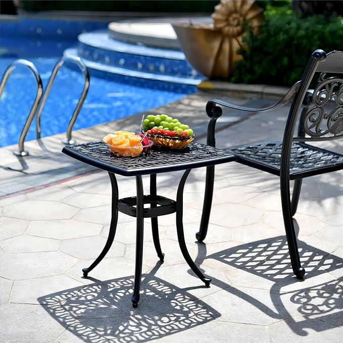 Outdoor 21" Cast Aluminum Square Side Table Set of 2 End Table for Patio, Backyard, Pool, Indoor Companion, Easy Maintenance and Weather Resistant, Black
