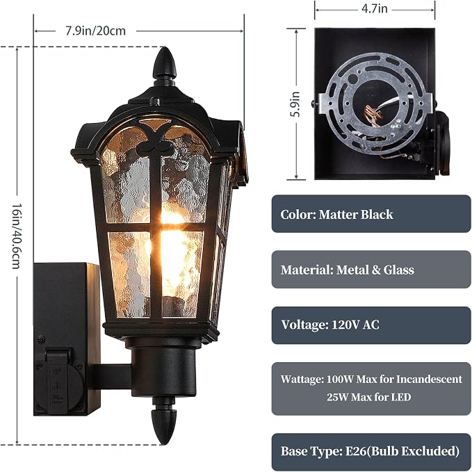 16’’ Large Outdoor Wall Lights with Outlet, Exterior Wall Lantern Sconces | Waterproof, Rust-resistant, Matte Black, Water Ripple Glass, Quick & Easy Installation, Retro & Traditional