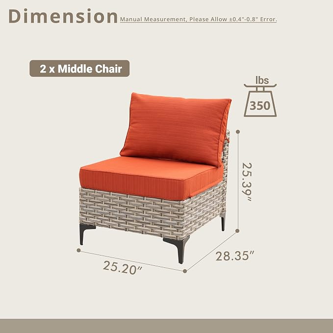 2 Pieces Patio Sectional Furniture Set, Outdoor Wicker Sectional Couch Middle Seats, Modern Conversation Set for Porch Balcony Backyard, Orange