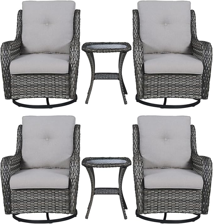 Rilyson Wicker Rocking Chair Swivel Chairs – 6 Piece Rocker Patio Furniture Set Rattan Rocking Bistro Sets with Glass Top Side Table for Outdoor Porch Deck Garden Backyard(Mixed Grey/Grey)