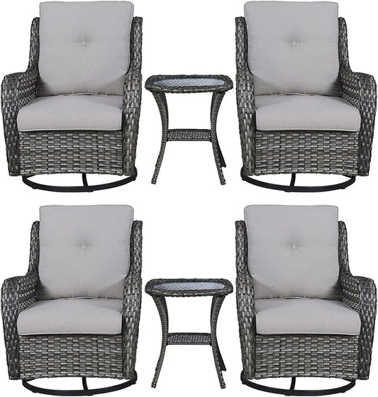 Rilyson Wicker Rocking Chair Swivel Chairs – 6 Piece Rocker Patio Furniture Set Rattan Rocking Bistro Sets with Glass Top Side Table for Outdoor Porch Deck Garden Backyard(Mixed Grey/Grey)