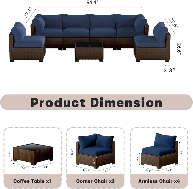 Patio Furniture Set, 7-Piece Outdoor Sectional Couch with Coffee Table & Thick Cushions, Outdoor Wicker Conversation Set for Backyard, Poolside, Garden (Brown-Navy, 7 Piece-Single)
