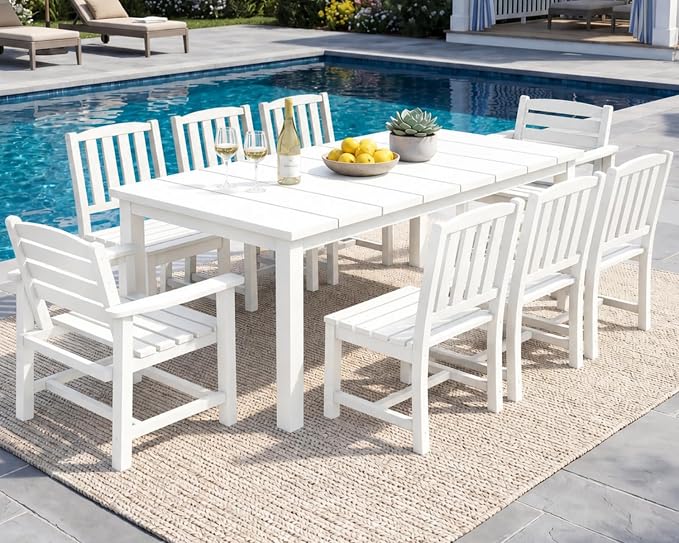 9-Piece HDPE Patio Dining Set for 8, 75.2" Table,White | HDPE material, umbrella hole design, weather-resistant patio furniture, perfect for yard, lawn, garden, balcony, deck