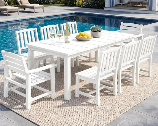 9-Piece HDPE Patio Dining Set for 8, 75.2" Table,White | HDPE material, umbrella hole design, weather-resistant patio furniture, perfect for yard, lawn, garden, balcony, deck