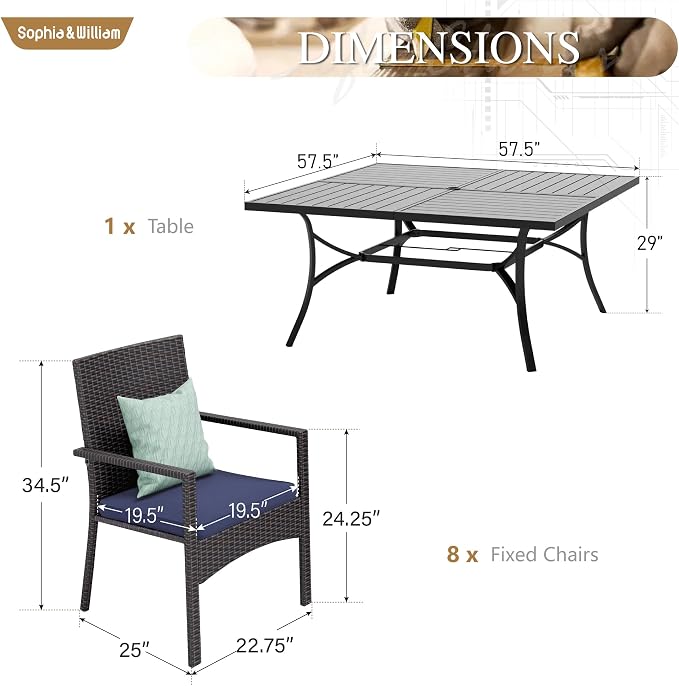 Sophia & William 9pc Square Patio Dining Set for 8, Rattan Chairs | Patio Table Set for 8, Metal Table with Umbrella Hole, Wicker Chairs, Rust-Resistant Frame