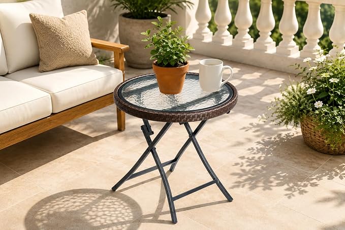 Outdoor Side Table, Round Rattan Patio Side Table with Tempered Glass Top, Foldable Wicker Accent Table for Garden, Balcony, Porch, Deck, Poolside & Indoor Use, Brown, 18.9" Diameter