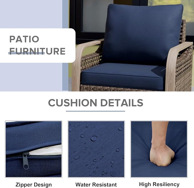 COOS BAY Modern Wicker Outdoor Furniture Set, 4 Piece Patio Conversation Set with 2 Patio Chairs, a 3 Seat Couch and Side Table, 4 Piece, Brown/Blue