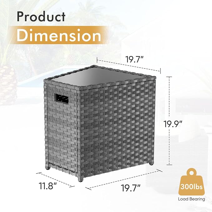 K Knowbody Glass Top Wicker Patio Side Table, Trapezoid PE Rattan End Table with Storage Outdoor Patio Furniture Table 20 inches high x 20 inches Wide 12 inches deep